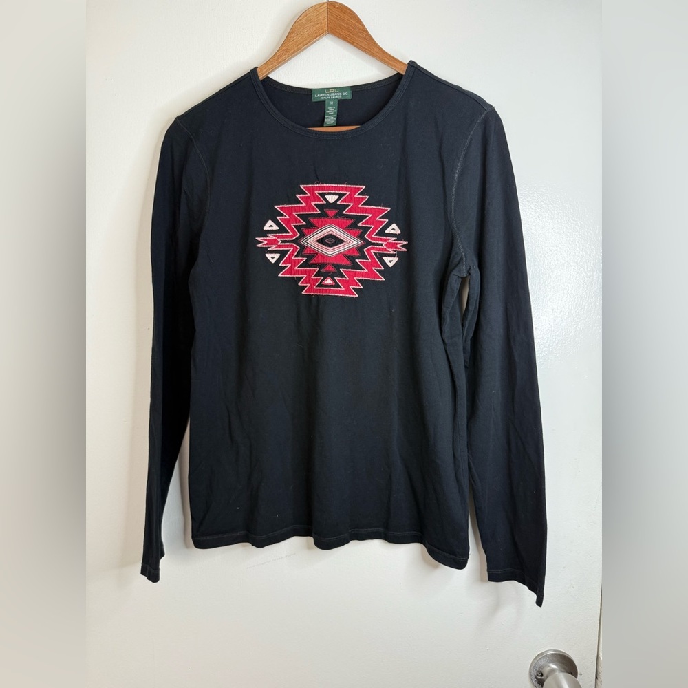 Lauren Ralph Lauren jeans Co black and red long sleeve Aztec embroidered shirt.M